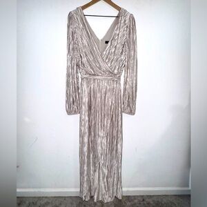 GUESS Beige Belted Tulip Skirt V-Back Long Sleeve Maxi Faux Wrap Dress